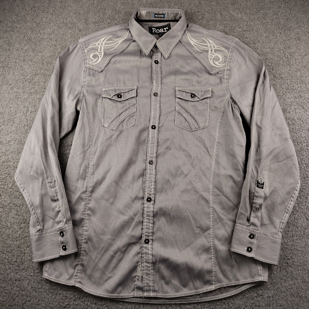 Roar Button Up Shirt Mens XL Grey Striped Tribal Embroidery Y2K Western EUC